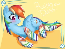 Size: 1600x1200 | Tagged: artist:annakitsun3, blushing, clothes, derpibooru import, rainbow dash, rainbow socks, safe, socks, solo, striped socks