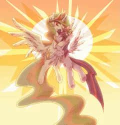 Size: 961x1000 | Tagged: safe, artist:kolshica, derpibooru import, princess celestia, twilight sparkle, twilight sparkle (alicorn), alicorn, pony, female, flying, jewelry, mare, summer sun celebration, sun, tiara