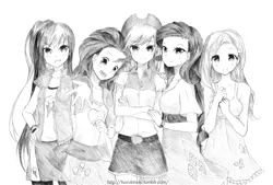 Size: 921x624 | Tagged: applejack, artist:tsurukinoki, derpibooru import, fluttershy, grayscale, humanized, monochrome, pinkie pie, rainbow dash, rarity, safe