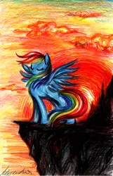 Size: 550x852 | Tagged: artist:buttersprinkle, cliff, derpibooru import, rainbow dash, safe, solo, traditional art