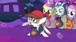 Size: 451x252 | Tagged: safe, derpibooru import, screencap, alula, applecore, noi, pipsqueak, piña colada, pluto, earth pony, pony, luna eclipsed, animated, background pony, bag, balancing, bandana, colt, costume, cute, eyepatch, eyes closed, falling, filly, foal, helmet, hub logo, hubble, male, mouth hold, nightmare night, pirate, squeakabetes, sword, the hub, trick or treat, wide eyes