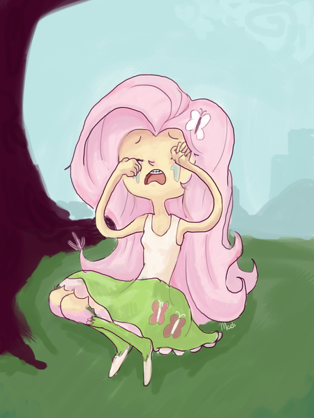 Size: 1124x1500 | Tagged: safe, artist:twitchykismet, derpibooru import, fluttershy, equestria girls, adventure time, braces, crying, eyes closed, humanized, sad, solo, style emulation