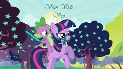 Size: 1191x670 | Tagged: safe, artist:php50, derpibooru import, spike, twilight sparkle, dragon, pony, unicorn, apple tree, bridle, diamond sword, dragons riding ponies, duo, female, male, mare, minecraft, rearing, riding, sword, tack, tree, unicorn twilight, veni vidi vici, warrior, weapon, zap apple flower, zap apple tree