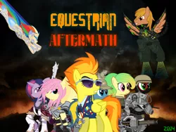 Size: 900x675 | Tagged: aftermath, artist:php50, clothes, derpibooru import, eqa, equestria, fallout equestria, fluttershy, future, rainbow dash, robot, safe, spitfire, steel ranger, suit, twilight sparkle, weapon