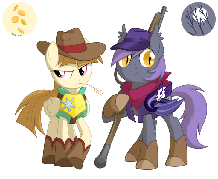 Size: 3000x2470 | Tagged: safe, artist:equestria-prevails, derpibooru import, oc, oc:dollar rain, oc:moondrop, bat pony, pony, boots, cowboy hat, cowgirl, gun, hat, money, night guard, rifle, royal guard, simple background, transparent background