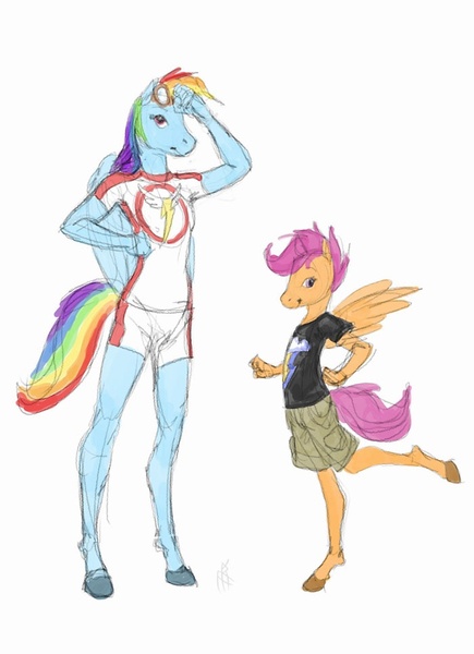 Size: 700x965 | Tagged: anthro, artist:carnifex, derpibooru import, hoers, hooves, horse, rainbow dash, safe, scootaloo, unguligrade anthro