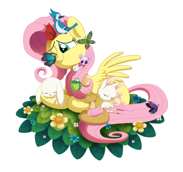 Size: 996x937 | Tagged: safe, artist:circustent, derpibooru import, fluttershy, bird, blue jay, butterfly, cardinal, frog, mouse, pegasus, pony, rabbit, squirrel, animal, flower, one eye closed, prone, resting, simple background, sleeping, transparent background