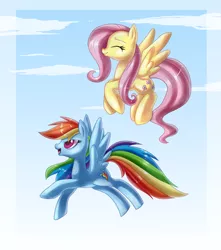 Size: 1489x1683 | Tagged: safe, artist:pauuhanthothecat, derpibooru import, fluttershy, rainbow dash, duo, eyes closed, flying