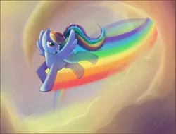 Size: 1343x1020 | Tagged: artist:seyllah, cloud, cloudy, derpibooru import, flying, rainbow dash, safe, solo, trail