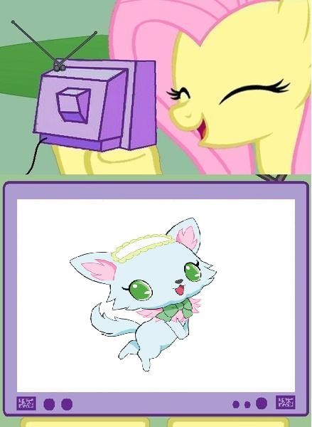 Size: 439x600 | Tagged: derpibooru import, dog, exploitable meme, fluttershy, jewelpet, milky, milky quartz, safe, sanrio, sega, tv meme