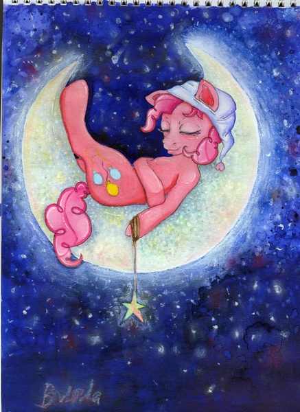 Size: 5100x7002 | Tagged: absurd resolution, artist:czbaterka, derpibooru import, hat, moon, nightcap, pinkie pie, safe, sleeping, solo, traditional art