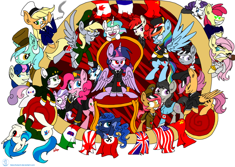 Size: 2520x1792 | Tagged: safe, artist:daisy-dictator, derpibooru import, apple bloom, applejack, babs seed, bon bon, derpy hooves, diamond tiara, fluttershy, lyra heartstrings, octavia melody, pinkie pie, princess celestia, princess luna, rainbow dash, rarity, scootaloo, shining armor, silver spoon, sweetie belle, sweetie drops, twilight sparkle, twilight sparkle (alicorn), twist, vinyl scratch, alicorn, pony, adolf hitler, allied nations, axis powers, benito mussolini, canada, charles de gaulle, chiang kai-shek, china, communism, cutie mark crusaders, dwight d. eisenhower, erwin rommel, eva braun, female, france, franklin d. roosevelt, george patton, germany, hammer and sickle, harry s truman, heinrich himmler, hermann göring, hideki tojo, hirohito, italy, japan, josef mengele, josef stalin, joseph goebbels, mane six, mare, nazi, reinhard heydrich, rudolf hess, schutzstaffel, soviet union, swastika, united kingdom, united states, winston churchill, world war ii, yosuke matsuoka