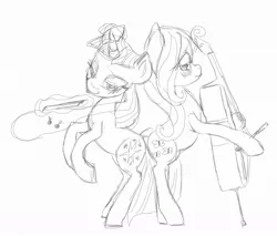 Size: 1025x872 | Tagged: artist:buttercupsaiyan, dead source, derpibooru import, female, fluttershy, lesbian, magic, monochrome, musical instrument, safe, shipping, twilight sparkle, twishy