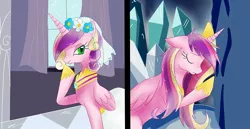 Size: 1000x516 | Tagged: artist:haruliina, changeling, derpibooru import, disguise, disguised changeling, fake cadance, princess cadance, queen chrysalis, safe, this day aria