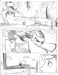 Size: 1157x1500 | Tagged: safe, artist:dj-black-n-white, derpibooru import, rainbow dash, oc, oc:anon, human, pegasus, pony, comic:tsundere rainbow dash, comic, monochrome, romance, traditional art