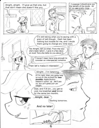 Size: 1157x1500 | Tagged: safe, artist:dj-black-n-white, derpibooru import, applejack, oc, oc:anon, human, pegasus, pony, comic:tsundere rainbow dash, comic, monochrome, romance, traditional art