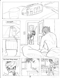 Size: 1154x1500 | Tagged: suggestive, artist:dj-black-n-white, derpibooru import, rainbow dash, oc, oc:anon, human, pegasus, pony, comic:tsundere rainbow dash, blushing, comic, implied erection, monochrome, traditional art, tsunderainbow, tsundere, wingboner