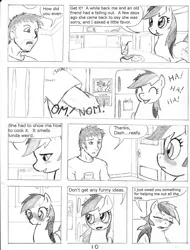 Size: 1142x1500 | Tagged: safe, artist:dj-black-n-white, derpibooru import, rainbow dash, oc, oc:anon, human, pegasus, pony, comic:tsundere rainbow dash, comic, implied gilda, monochrome, plot, romance, traditional art, tsunderainbow, tsundere