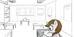 Size: 1024x514 | Tagged: safe, artist:veraciousneophyte, derpibooru import, oc, oc:littlepip, unofficial characters only, pony, unicorn, fallout equestria, fanfic, fanfic art, female, glowing horn, hooves, horn, levitation, magic, mare, school, solo, stable, stable 2, telekinesis, test, text