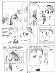 Size: 1158x1500 | Tagged: safe, artist:dj-black-n-white, derpibooru import, applejack, fluttershy, pinkie pie, rainbow dash, rarity, twilight sparkle, oc, oc:anon, earth pony, human, pegasus, pony, unicorn, comic:tsundere rainbow dash, blushing, comic, dialogue, female, grayscale, human male, male, mare, monochrome, open mouth, romance, shrunken pupils, traditional art, tsunderainbow, tsundere