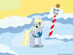 Size: 1024x768 | Tagged: safe, artist:brony-in-the-shadows, derpibooru import, derpy hooves, pegasus, pony, winter wrap up, clothes, female, hoof on chin, mare, north pole, sign, snow, solo, vest, weather team, went north to get the southern birds, winter wrap up vest