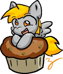 Size: 514x602 | Tagged: safe, artist:zutcha, derpibooru import, derpy hooves, pegasus, pony, chibi, cute, female, giant muffin, mare, muffin, solo
