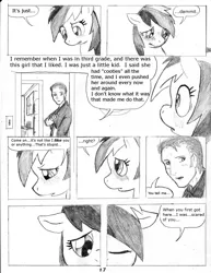 Size: 1155x1500 | Tagged: safe, artist:dj-black-n-white, derpibooru import, rainbow dash, oc, oc:anon, human, pegasus, pony, comic:tsundere rainbow dash, blushing, comic, love, monochrome, romance, traditional art, tsunderainbow, tsundere