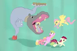Size: 3448x2288 | Tagged: safe, artist:georgethemiser, derpibooru import, daisy, derpy hooves, dinky hooves, flower wishes, fluttershy, lily, lily valley, roseluck, hippopotamus, pegasus, pony, female, flower trio, food, mare, muffin, shadow, simple background, teal background, wat