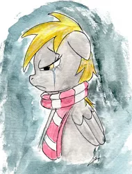 Size: 1473x1943 | Tagged: safe, artist:legaffeur, derpibooru import, derpy hooves, pegasus, pony, clothes, crying, female, mare, painting, sad, scarf, solo, traditional art, watercolor painting