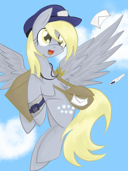 Size: 768x1024 | Tagged: safe, artist:timeywimeywhooves, derpibooru import, derpy hooves, pegasus, pony, bag, box, female, hat, letter, mail, mailbag, mailmare, mailpony, mare, package, solo