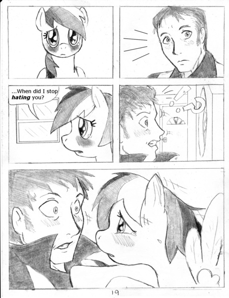 Size: 1153x1501 | Tagged: safe, artist:dj-black-n-white, derpibooru import, rainbow dash, oc, oc:anon, human, pegasus, pony, comic:tsundere rainbow dash, blushing, comic, imminent kissing, love, monochrome, romance, traditional art, tsunderainbow, tsundere