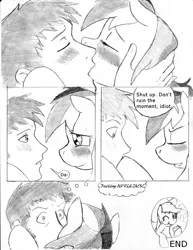 Size: 1158x1500 | Tagged: safe, artist:dj-black-n-white, derpibooru import, applejack, rainbow dash, oc, oc:anon, human, pegasus, pony, comic:tsundere rainbow dash, comic, human on pony action, kissing, love, monochrome, romance, traditional art, tsunderainbow, tsundere, vulgar