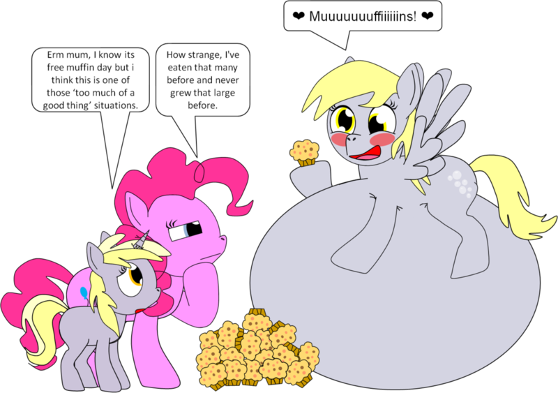 Size: 1024x721 | Tagged: safe, artist:beats0me, derpibooru import, derpy hooves, dinky hooves, pinkie pie, pegasus, pony, aderpose, blushing, circle tool, fat, female, heart, mare, morbidly obese, muffin, obese, speech bubble