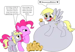 Size: 1024x721 | Tagged: safe, artist:beats0me, derpibooru import, derpy hooves, dinky hooves, pinkie pie, pegasus, pony, aderpose, blushing, circle tool, fat, female, heart, mare, morbidly obese, muffin, obese, speech bubble