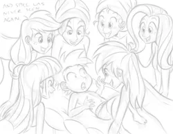 Size: 1347x1041 | Tagged: applejack, artist:megasweet, breasts, derpibooru import, female, fluttershy, harem, human, humanized, male, mane seven, mane six, monochrome, nudity, on back, pinkie pie, ponyville confidential, rainbow dash, rarity, scene interpretation, spa, spike, spike gets all the mares, suggestive, towel, twilight sparkle