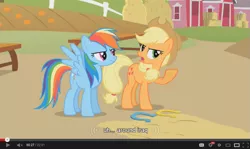 Size: 853x510 | Tagged: applejack, derpibooru import, fall weather friends, horseshoes, rainbow dash, safe, screencap, youtube caption