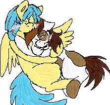 Size: 222x211 | Tagged: safe, artist:tsukaimonboom, derpibooru import, pipsqueak, rainy feather, earth pony, pegasus, pony, blushing, colt, cuddling, female, filly, hug, male, rainysqueak, shipping, straight