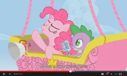 Size: 854x510 | Tagged: derpibooru import, fall weather friends, hot air balloon, megaphone, microphone, pinkie pie, safe, screencap, spike, twinkling balloon, youtube caption