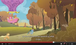 Size: 854x510 | Tagged: applejack, derpibooru import, fall weather friends, hot air balloon, megaphone, pinkie pie, rainbow dash, safe, screencap, spike, twinkling balloon, youtube caption