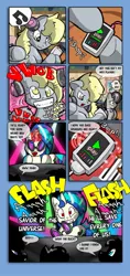 Size: 605x1280 | Tagged: safe, artist:theburningdonut, derpibooru import, derpy hooves, vinyl scratch, pegasus, pony, comic, exploitable meme, female, flash gordon, flash sentry savior of the universe, mare, meme, misspelling, queen (band), shocked