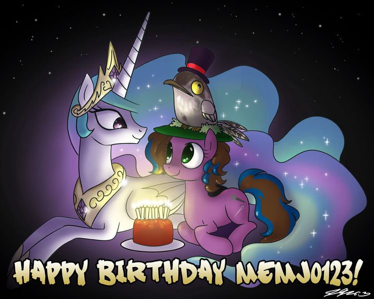 Size: 1100x880 | Tagged: artist:johnjoseco, birthday, cake, derpibooru import, memj0123, oc, oc:gem, princess celestia, safe