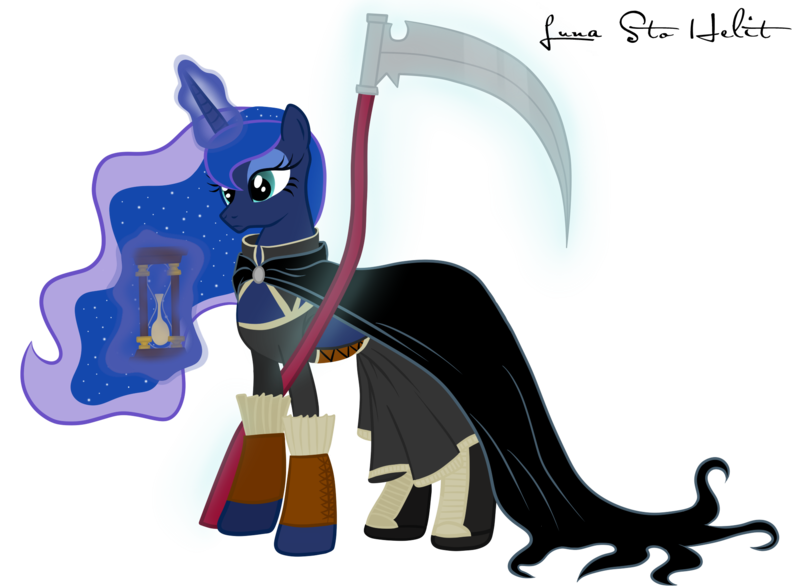 Size: 2000x1469 | Tagged: artist:ellissummer, cape, clothes, crossover, derpibooru import, discworld, dress, hourglass, princess luna, safe, scythe, simple background, solo, susan sto helit