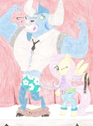 Size: 768x1040 | Tagged: artist:wjmmovieman, assisted exposure, boxers, clothes, derpibooru import, fluttershy, humiliation, iron will, pantsing, prank, smirk, suggestive, traditional art, underwear, undressing