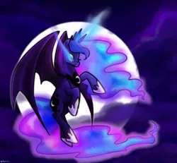 Size: 1300x1200 | Tagged: safe, artist:dotoriii, derpibooru import, princess luna, alicorn, bat pony, bat pony alicorn, pony, glowing eyes, lunabat, moon, night, race swap, solo