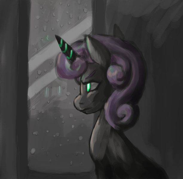 Size: 1460x1428 | Tagged: safe, artist:twitchykismet, derpibooru import, sweetie belle, pony, robot, unicorn, friendship is witchcraft, brooding, female, filly, foal, horn, rain, solo, sweetie bot, window