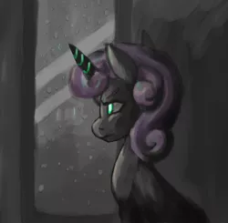 Size: 1460x1428 | Tagged: safe, artist:twitchykismet, derpibooru import, sweetie belle, pony, robot, unicorn, friendship is witchcraft, brooding, female, filly, foal, horn, rain, solo, sweetie bot, window
