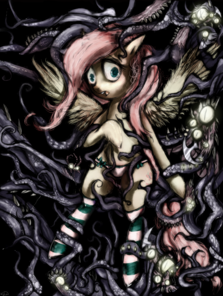 Size: 976x1298 | Tagged: artist:klalaskaxd, clothes, fluttershy, grimdark, panties, questionable, socks, striped socks, tentacle porn, tentacles, underwear