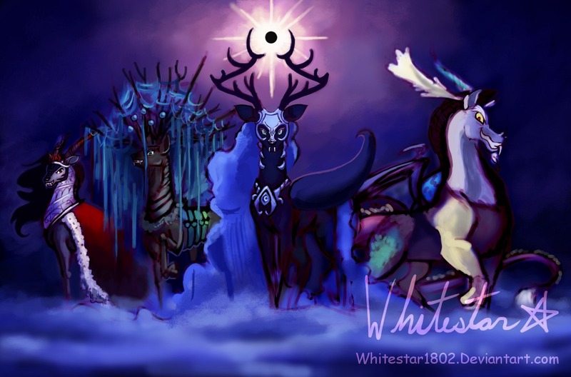 Size: 1200x792 | Tagged: artist:whitestar1802, broken horn, cervine, deer, deerified, derpibooru import, discord, draconequus, fangs, gazelle, king sombra, my little cervine, nightmare moon, peryton, queen chrysalis, safe, source needed, species swap, starry backdrop, villains of equestria, wip