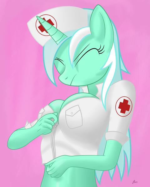 Size: 1599x2000 | Tagged: anthro, artist:kasaler, breasts, bust, busty lyra heartstrings, cleavage, derpibooru import, eyes closed, female, lyra heartstrings, nurse, nurse outfit, pink background, signature, simple background, solo, solo female, suggestive, unzipped