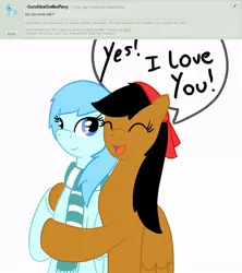 Size: 842x949 | Tagged: safe, artist:darkselia, derpibooru import, oc, oc:sunshine smiles, unofficial characters only, earth pony, pegasus, pony, clothes, deviantart, female, hug, lesbian, scarf, shipping, speech bubble